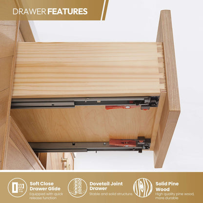 Drawer features of Vinnova, Karachi 60" Double Sink Bath Vanity showing soft close glide, dovetail joint drawer, and solid pine wood.