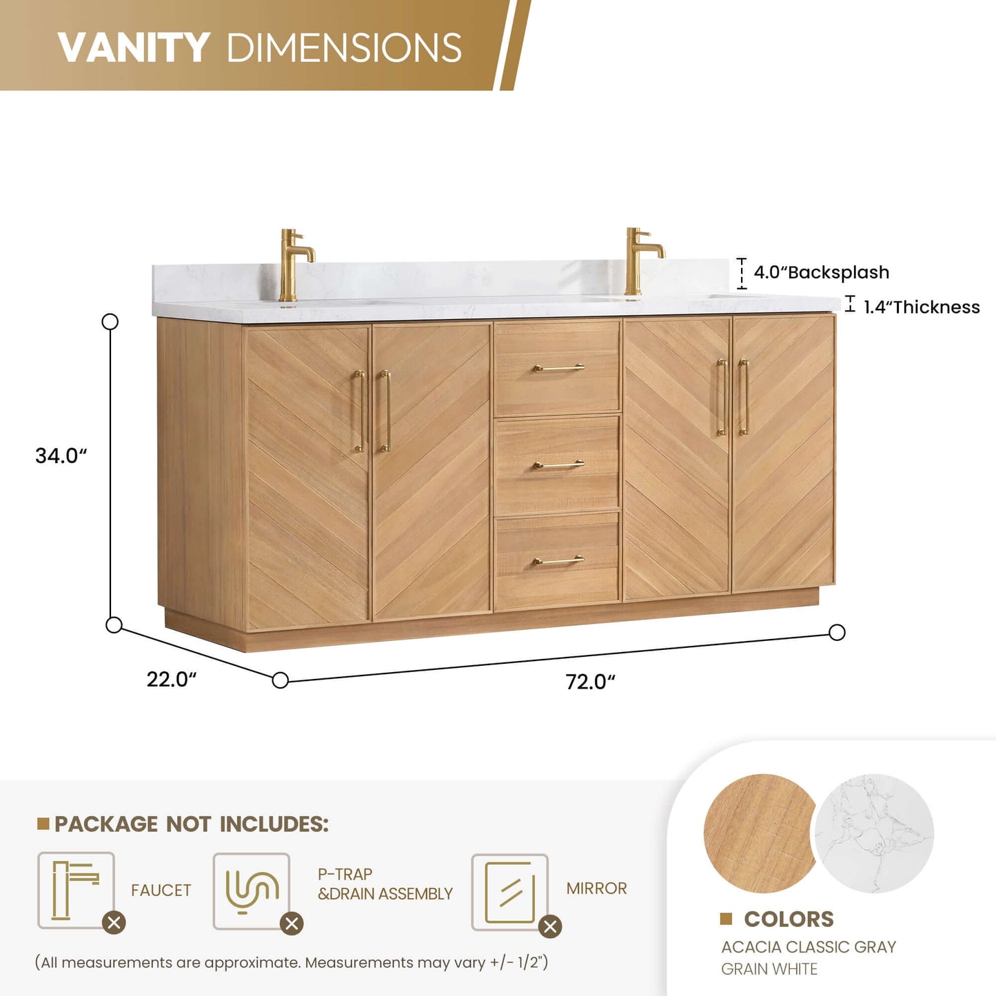 Vinnova, Karachi 72" Double Sink Bath Vanity in Acacia Classic Gray with White Grain Composite Stone Top dimensions illustration