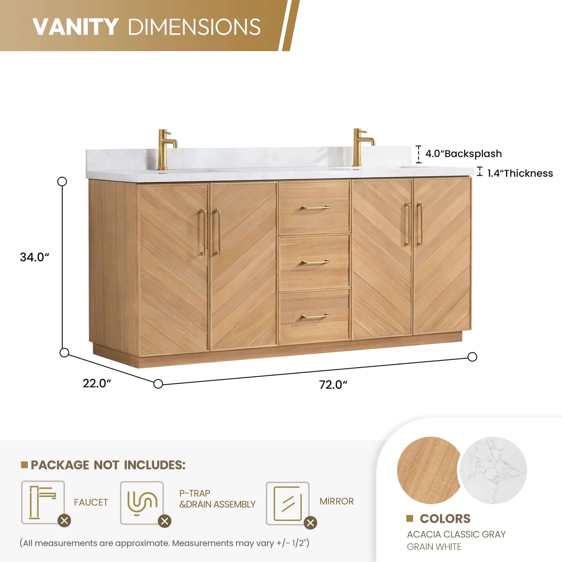 Vinnova, Karachi 72" Double Sink Bath Vanity in Acacia Classic Gray with White Grain Composite Stone Top dimensions illustration
