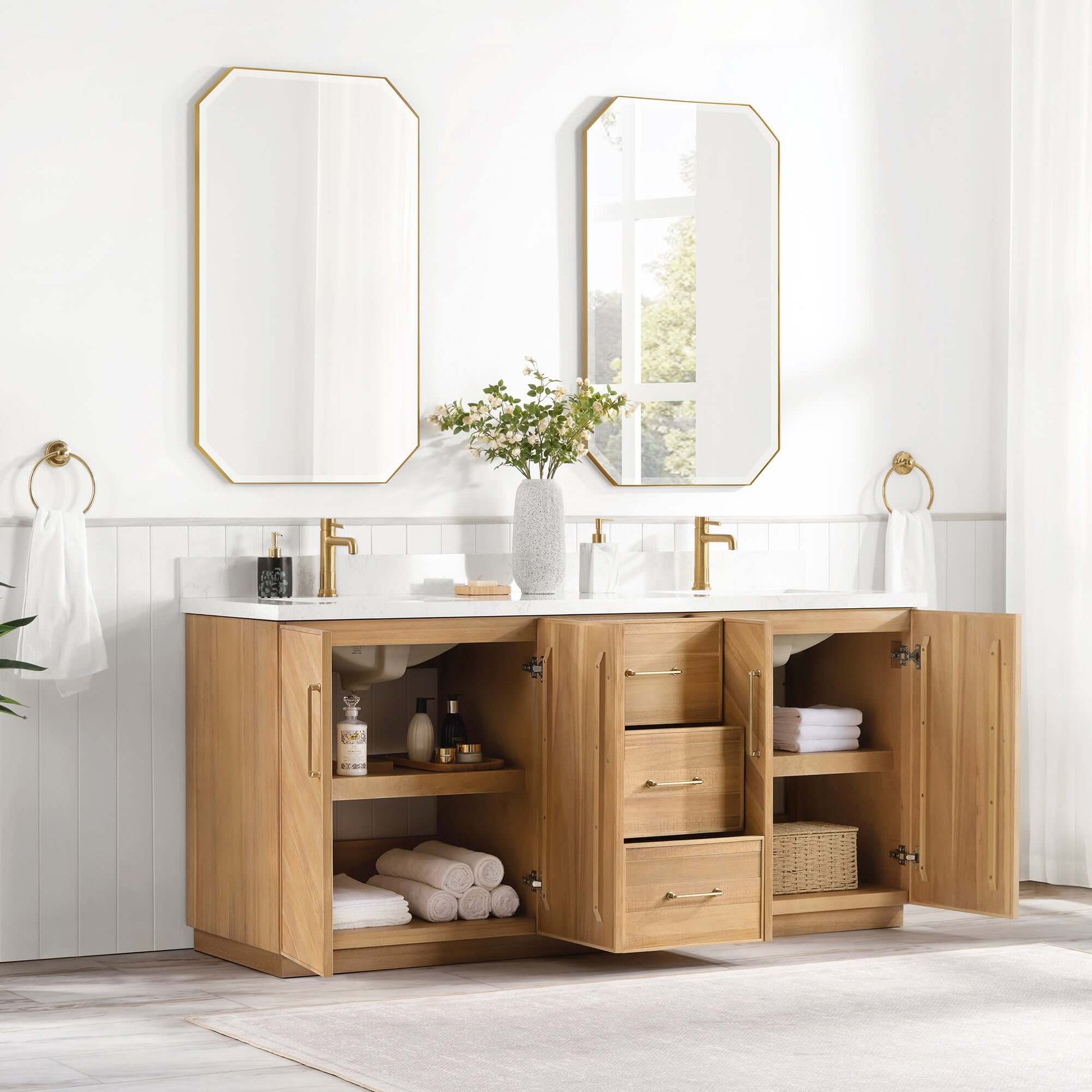 Vinnova, Karachi 72" Double Sink Bath Vanity in Acacia Classic Gray with White Grain Composite Stone Top, elegant bathroom setup