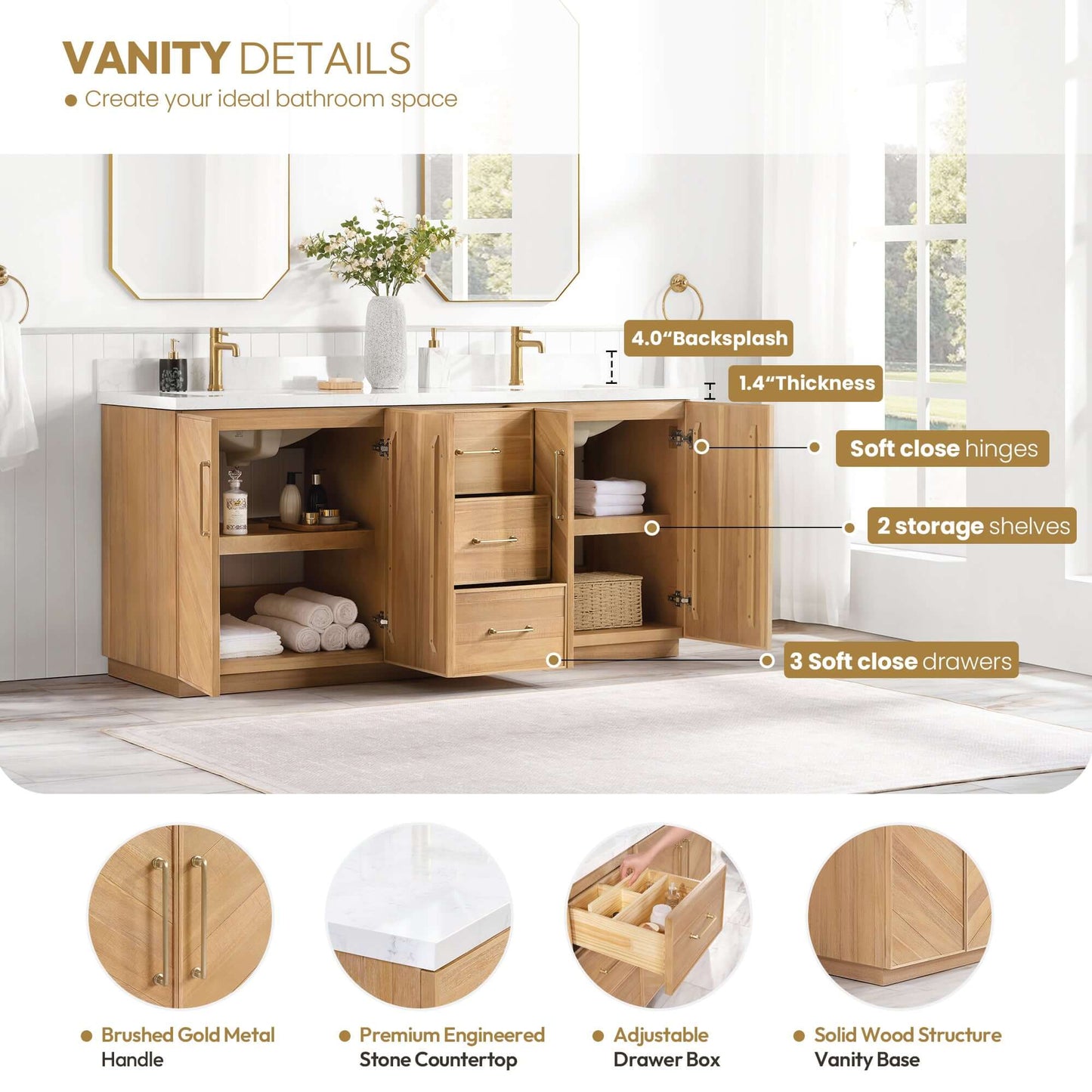 Bathroom vanity details showcasing soft close hinges, storage shelves, brushed gold handles, engineered stone countertop, and wood base.