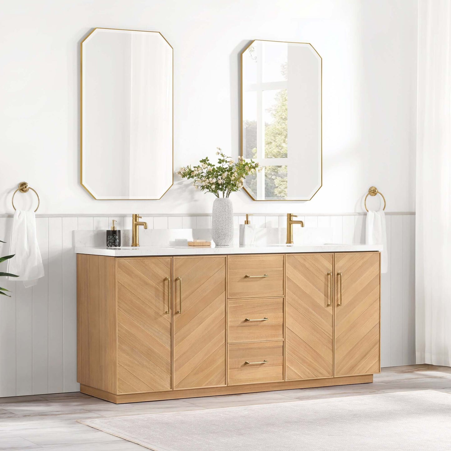 Vinnova, Karachi 72" Double Sink Bath Vanity in Acacia Classic Gray with White Grain Composite Stone Top in elegant bathroom setting