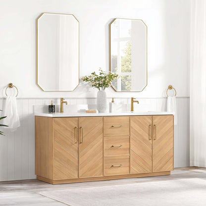 Vinnova, Karachi 72" Double Sink Bath Vanity in Acacia Classic Gray with White Grain Composite Stone Top in elegant bathroom setting