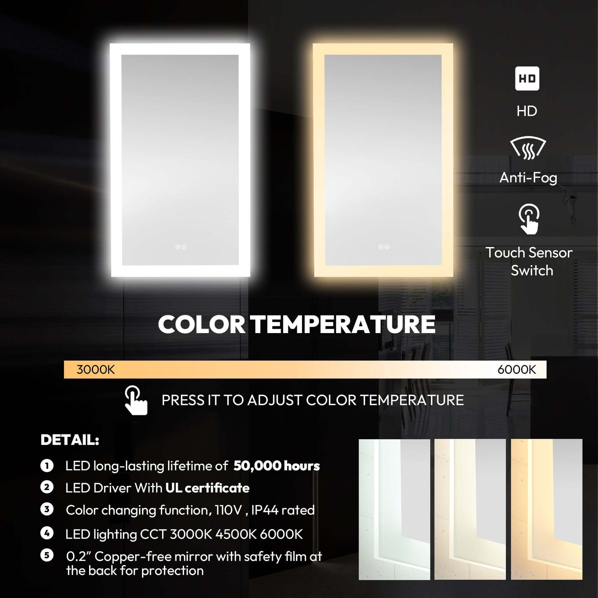 LED mirror with adjustable color temperature, anti-fog feature, touch sensor switch, suitable for modern bathroom design.