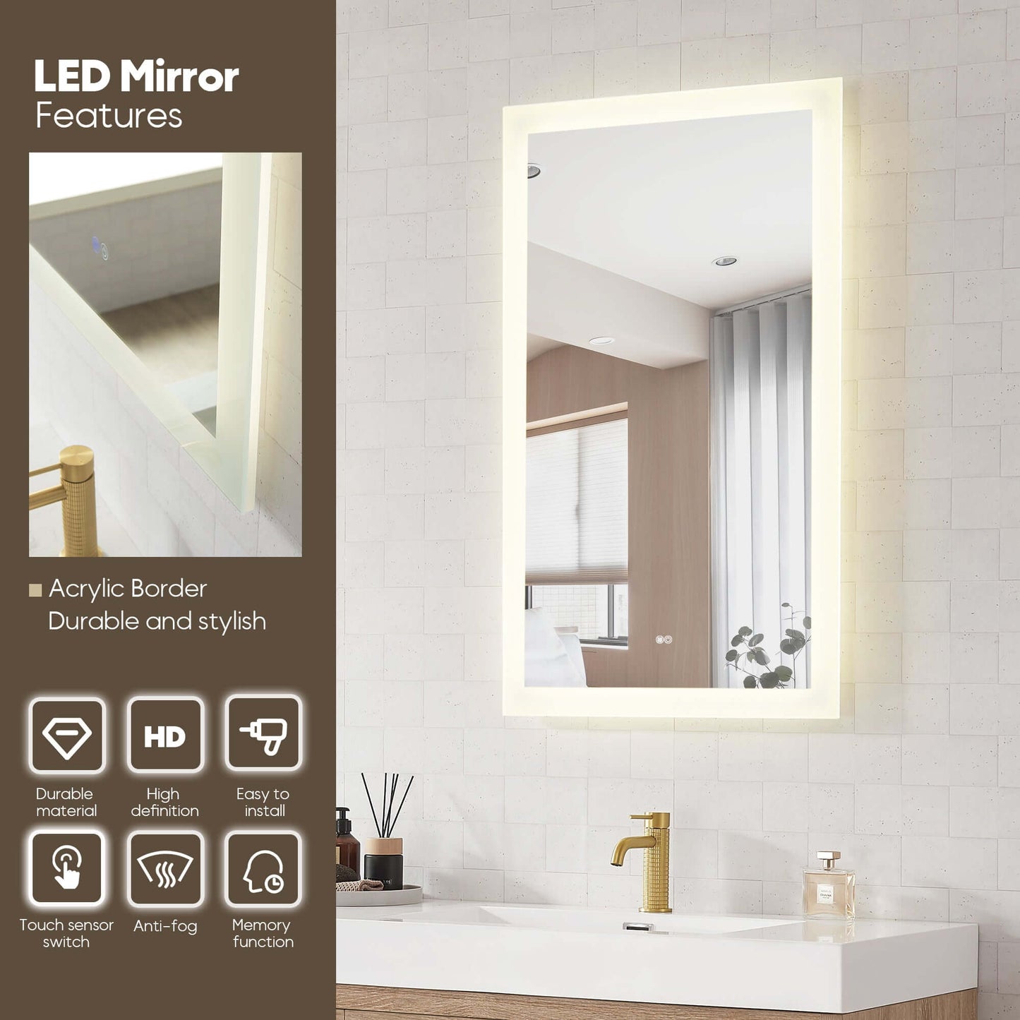 Modern LED bathroom mirror with touch sensor and anti-fog features, displayed above a stylish vanity.