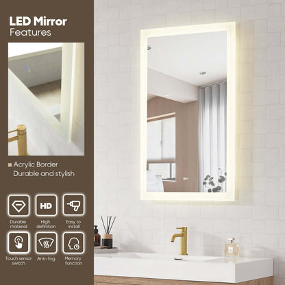 Modern LED bathroom mirror with touch sensor and anti-fog features, displayed above a stylish vanity.