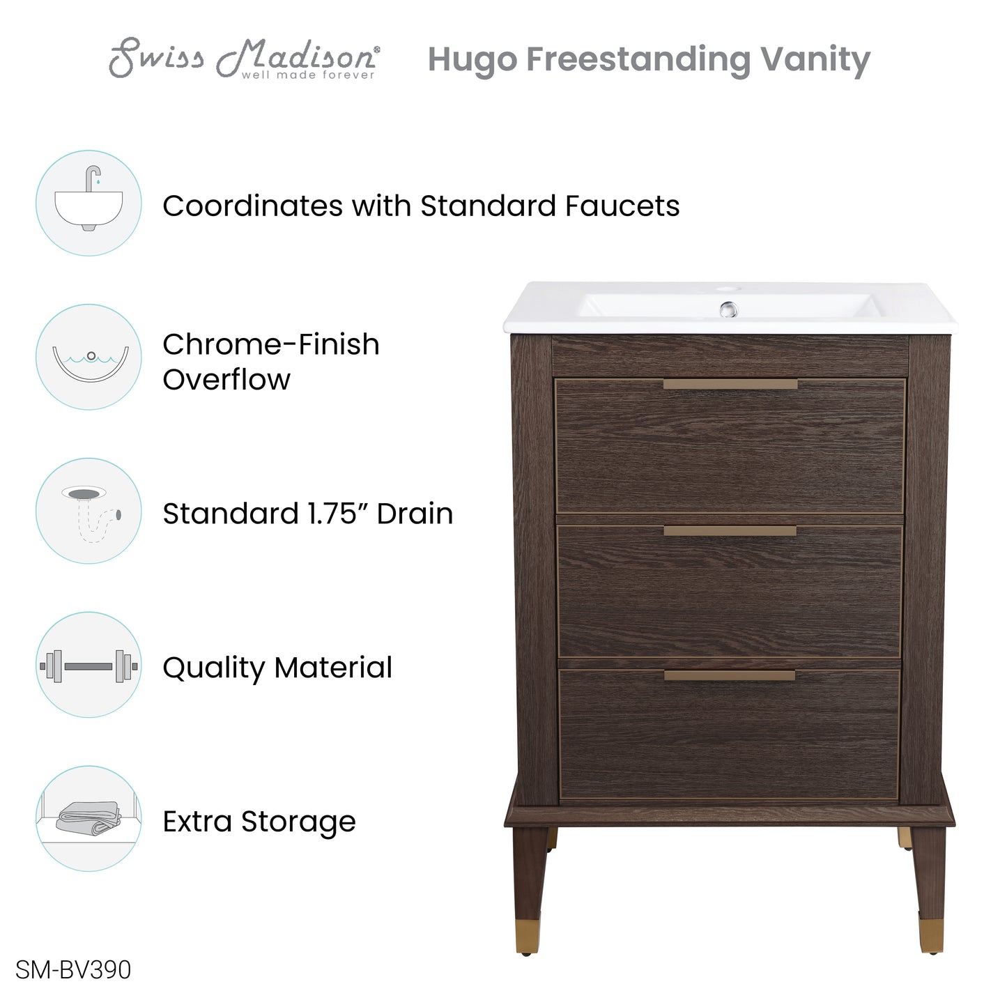 Swiss Madison, Hugo 24" Freestanding Bathroom Vanity in Brown Oak with Sink Top