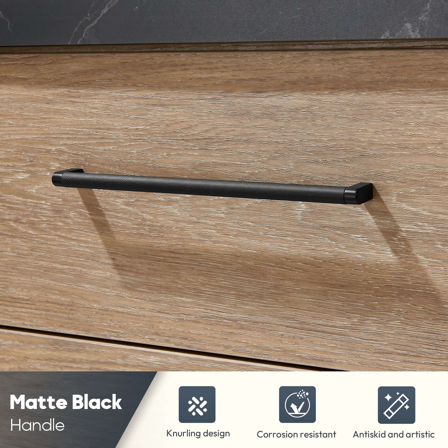 Vinnova, Trento 48A" Single Sink Bath Vanity in North American Oak with Black Sintered Stone Top with Concrete Sink handle detail.
