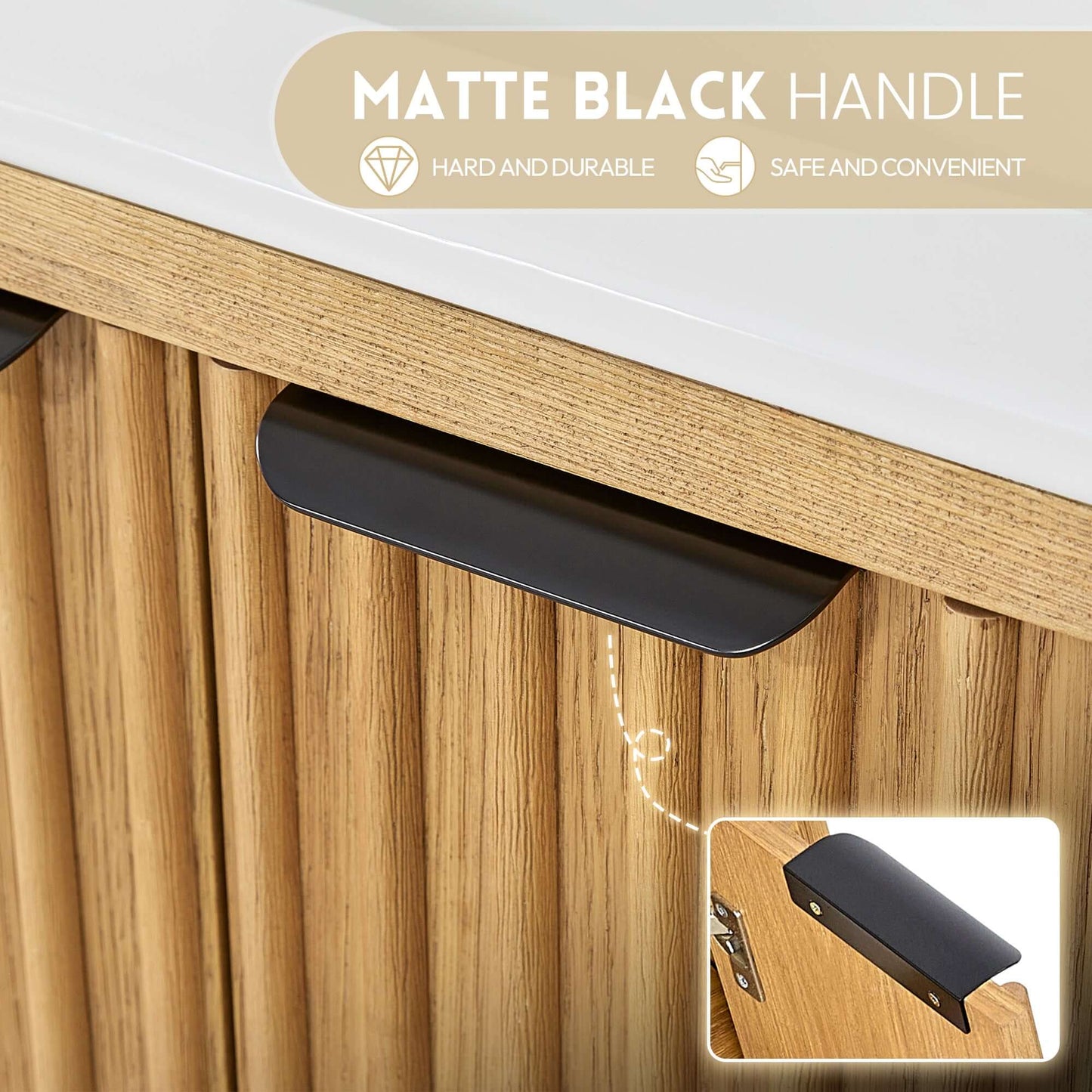 Matte black handle on Vinnova, Mumbai 24" Free-standing Single Bath Vanity in Oak Weathering Light Brown with Drop-In White Ceramic Basin Top