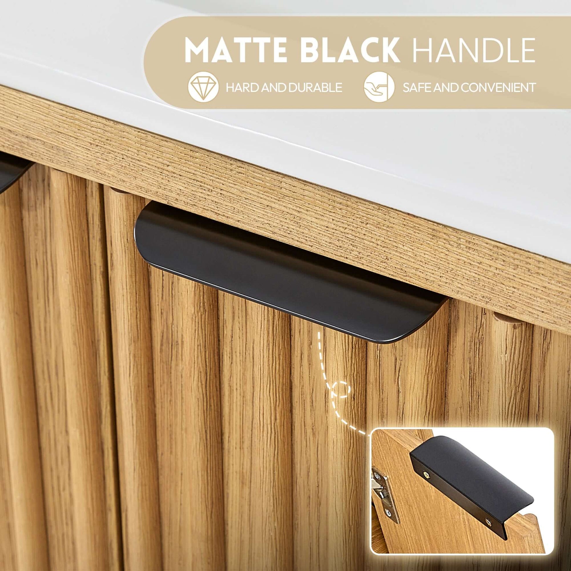 Matte black handle on Vinnova, Mumbai 24" Free-standing Single Bath Vanity in Oak Weathering Light Brown with Drop-In White Ceramic Basin Top