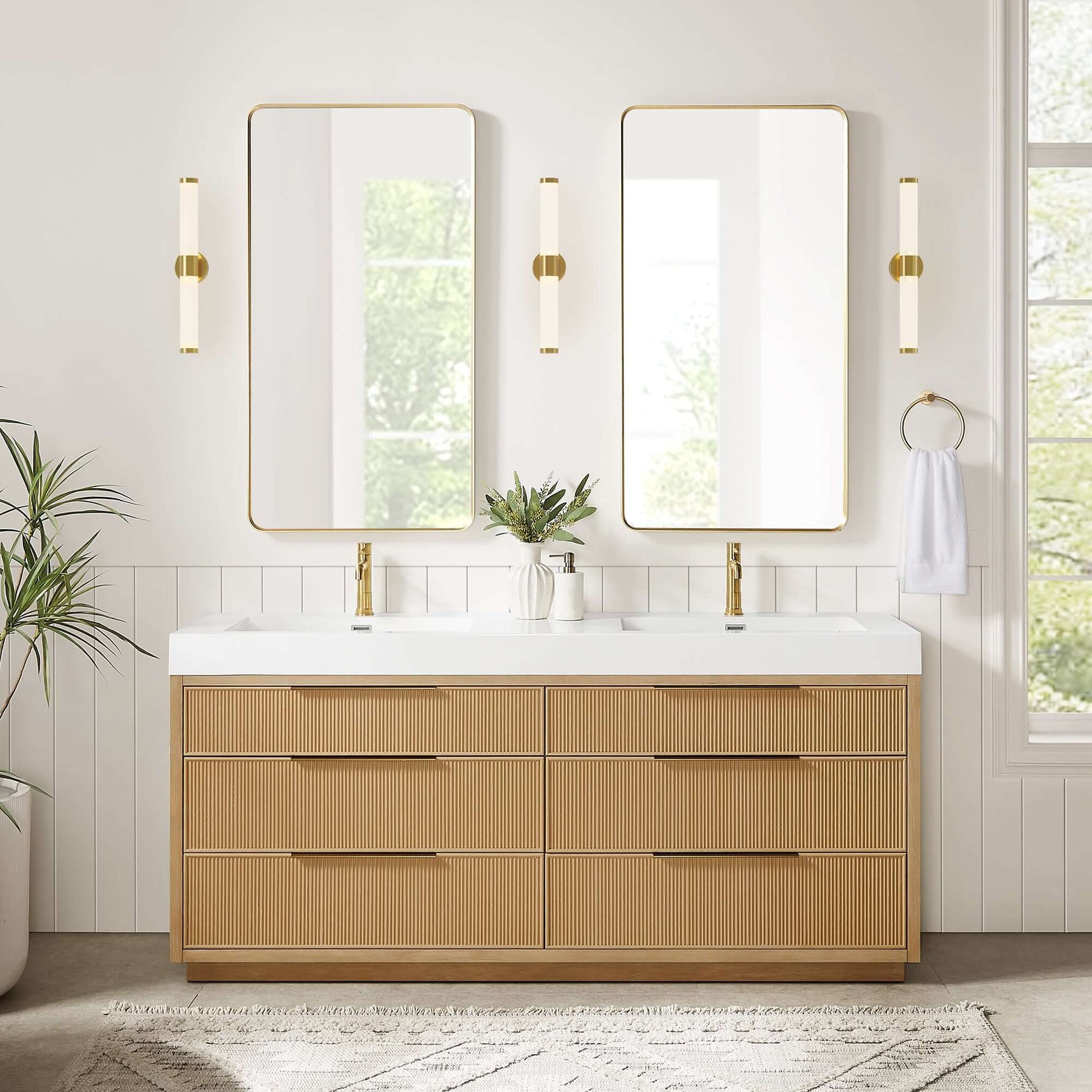 Vinnova, Hohhot 72" Free-standing Double Bath Vanity in Washed Ash Grey with White Integrated Stone Sink Top in bathroom setting