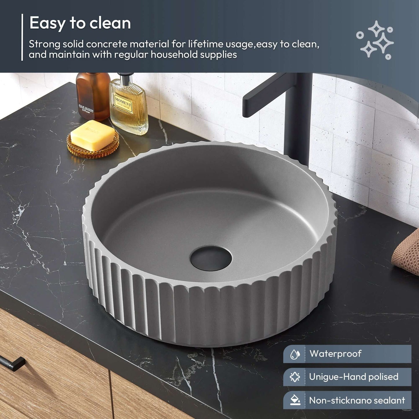 Vinnova, Trento 36B Single Sink Bath Vanity in North American Oak with Black Sintered Stone Top and Concrete Sink and Mirror
