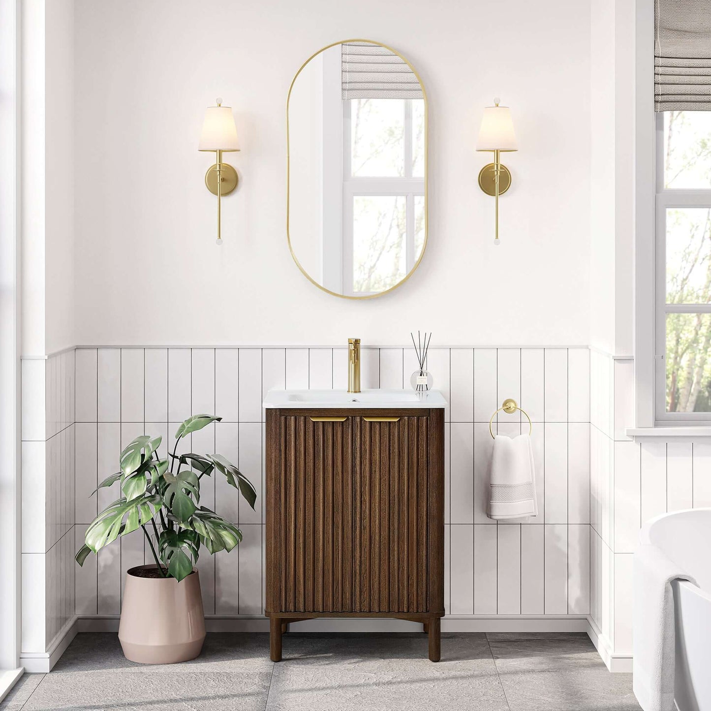 Vinnova, Mumbai 24" Free-standing Single Bath Vanity in Aged Dark Brown Oak with Drop-In White Ceramic Basin Top, bathroom vanity