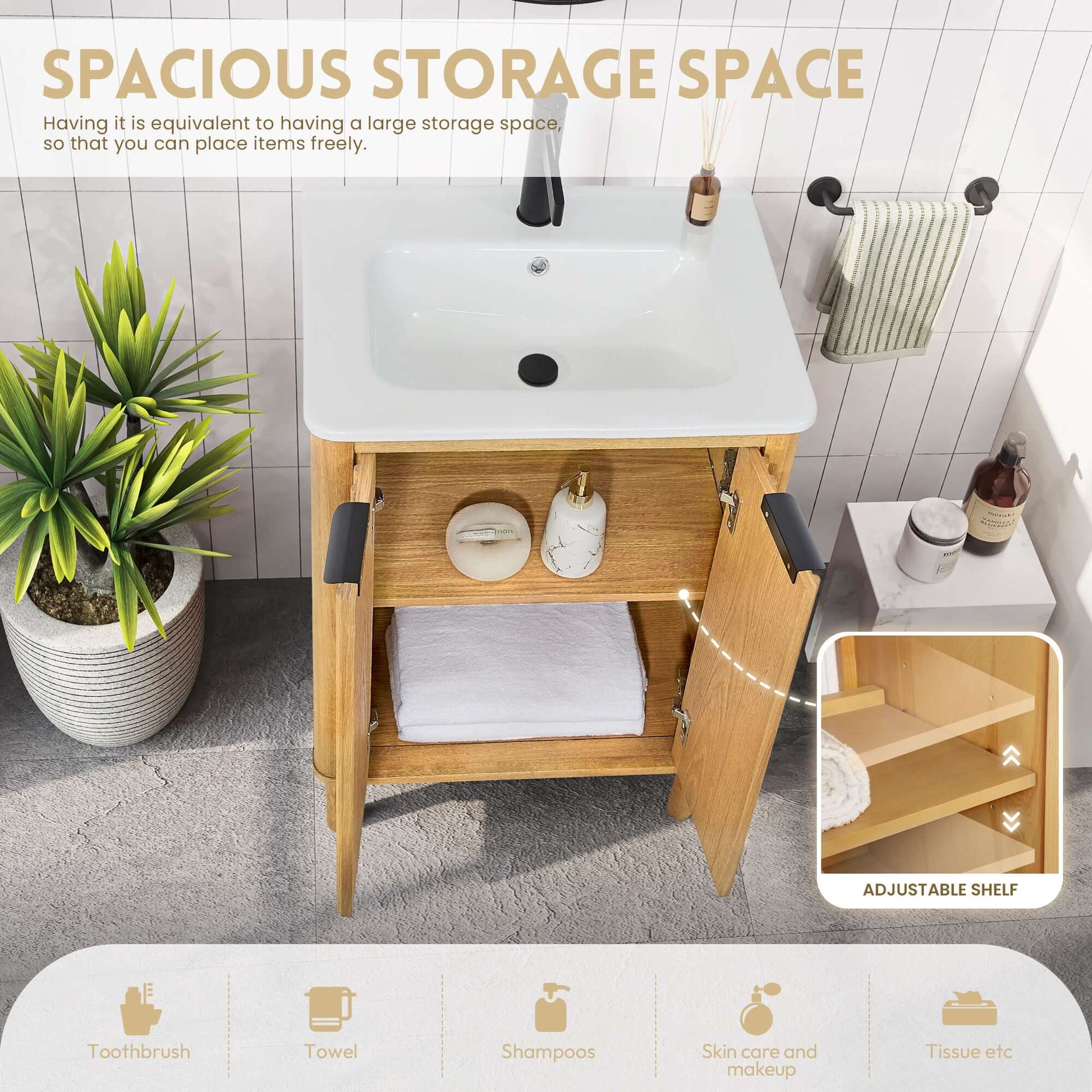 Vinnova, Mumbai 24" Free-standing Single Bath Vanity in Oak Weathering Light Brown with Drop-In White Ceramic Basin Top featuring storage space