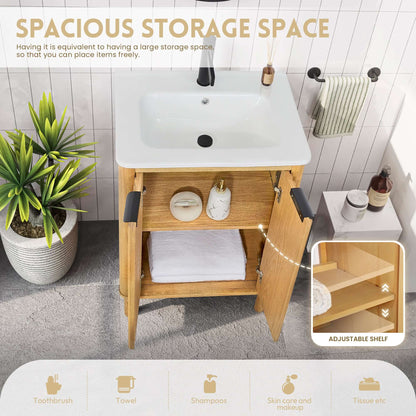 Vinnova, Mumbai 24" Free-standing Single Bath Vanity in Oak Weathering Light Brown with Drop-In White Ceramic Basin Top featuring storage space