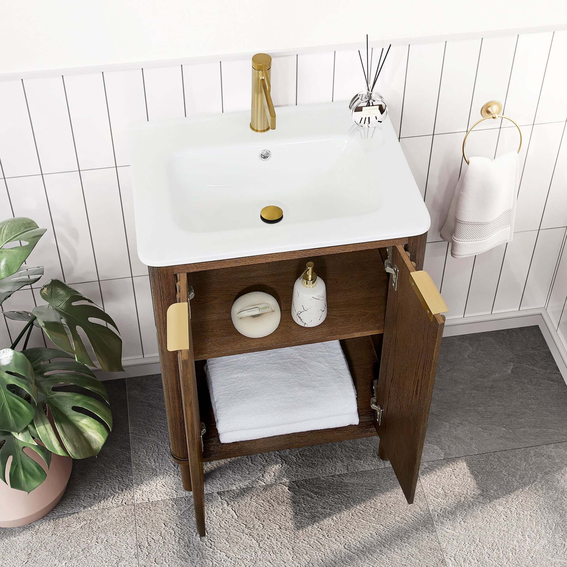 Vinnova, Mumbai 24" Free-standing Single Bath Vanity in Aged Dark Brown Oak with Drop-In White Ceramic Basin Top in a bathroom setting.