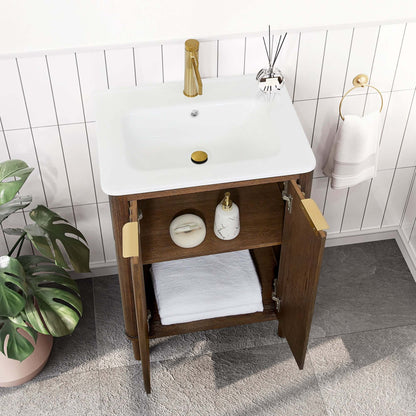Vinnova, Mumbai 24" Free-standing Single Bath Vanity in Aged Dark Brown Oak with Drop-In White Ceramic Basin Top in a bathroom setting.