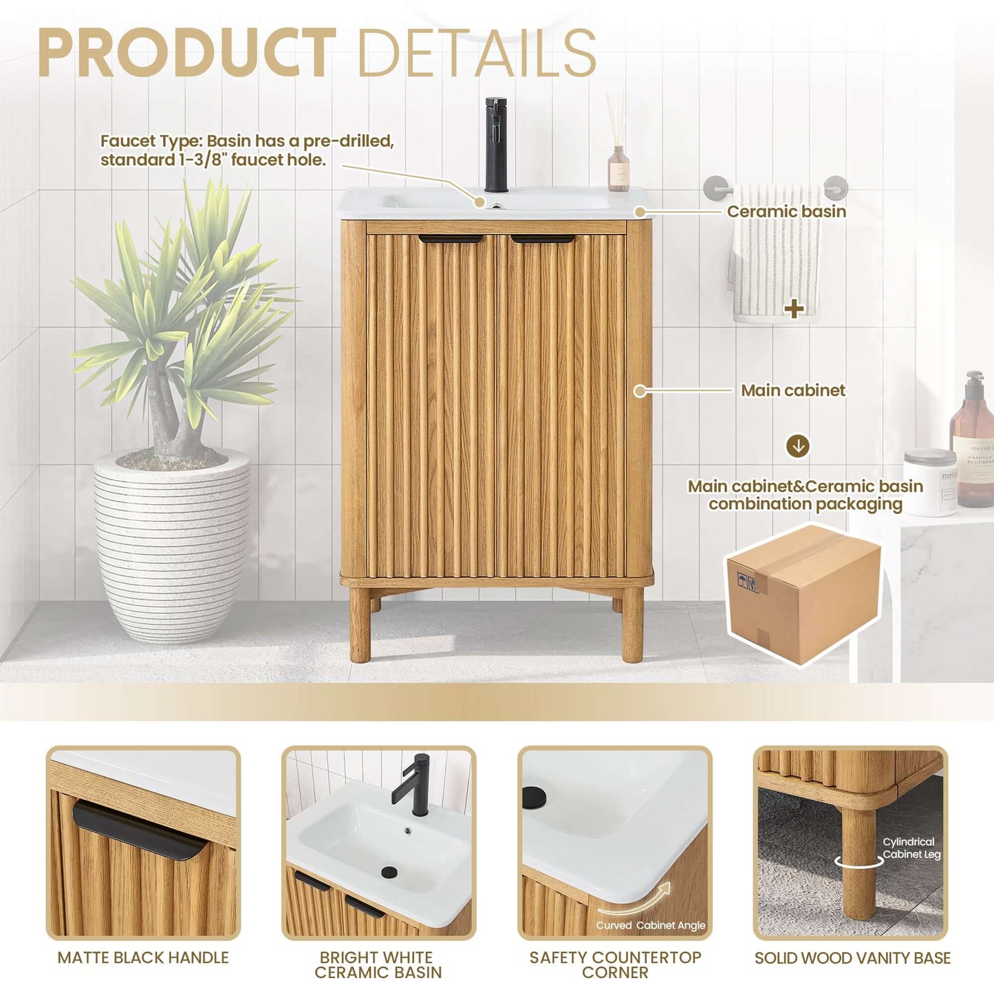 Vinnova, Mumbai 24" Free-standing Single Bath Vanity in Oak Weathering Light Brown with Drop-In White Ceramic Basin Top product details