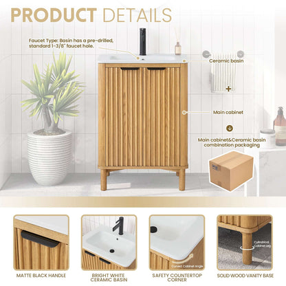 Vinnova, Mumbai 24" Free-standing Single Bath Vanity in Oak Weathering Light Brown with Drop-In White Ceramic Basin Top product details