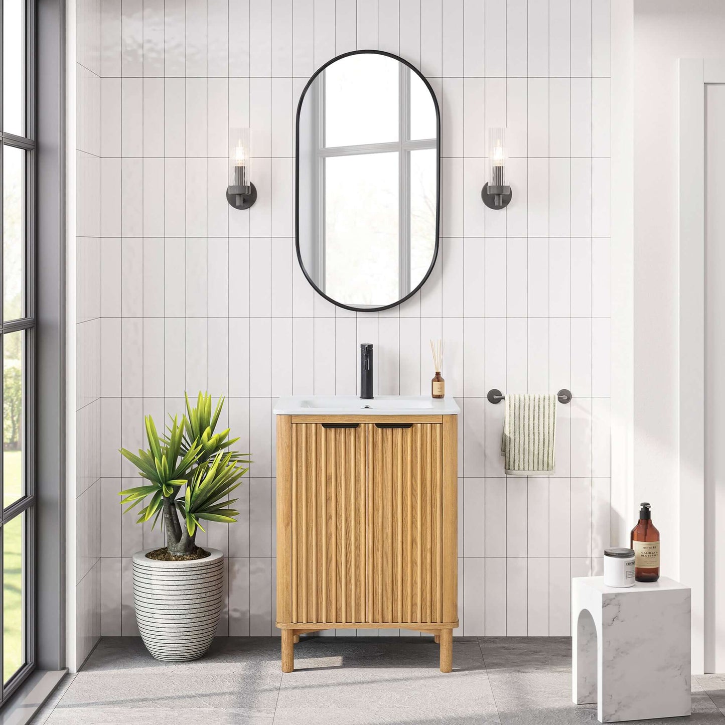 Vinnova, Mumbai 24" Free-standing Single Bath Vanity in Oak Weathering Light Brown with Drop-In White Ceramic Basin Top in bathroom