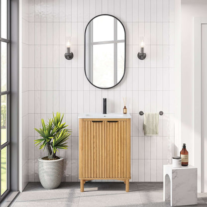 Vinnova, Mumbai 24" Free-standing Single Bath Vanity in Oak Weathering Light Brown with Drop-In White Ceramic Basin Top in bathroom