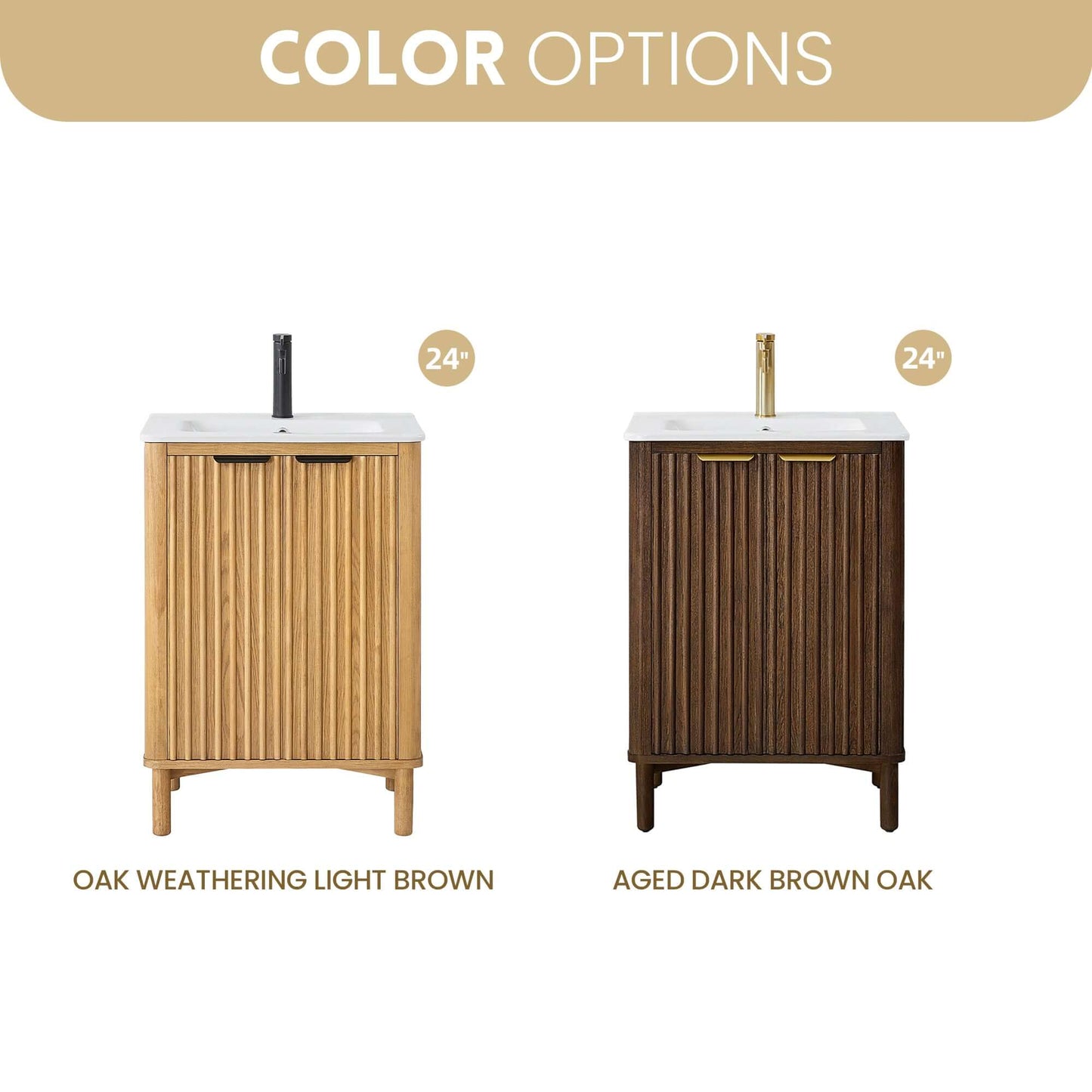 Vinnova, Mumbai 24" Free-standing Single Bath Vanity in Aged Dark Brown Oak with Drop-In White Ceramic Basin Top color options
