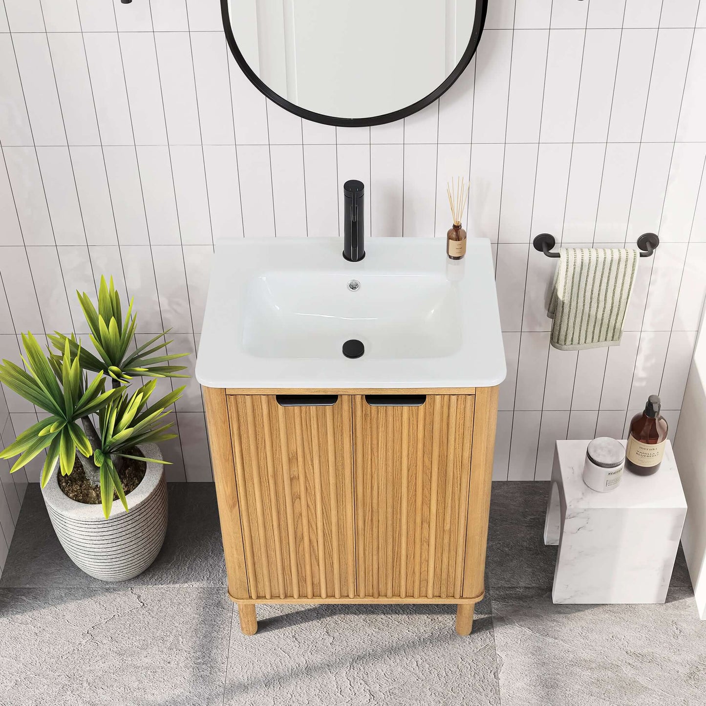 Vinnova, Mumbai 24" Free-standing Single Bath Vanity in Oak Weathering Light Brown with Drop-In White Ceramic Basin Top in bathroom setting
