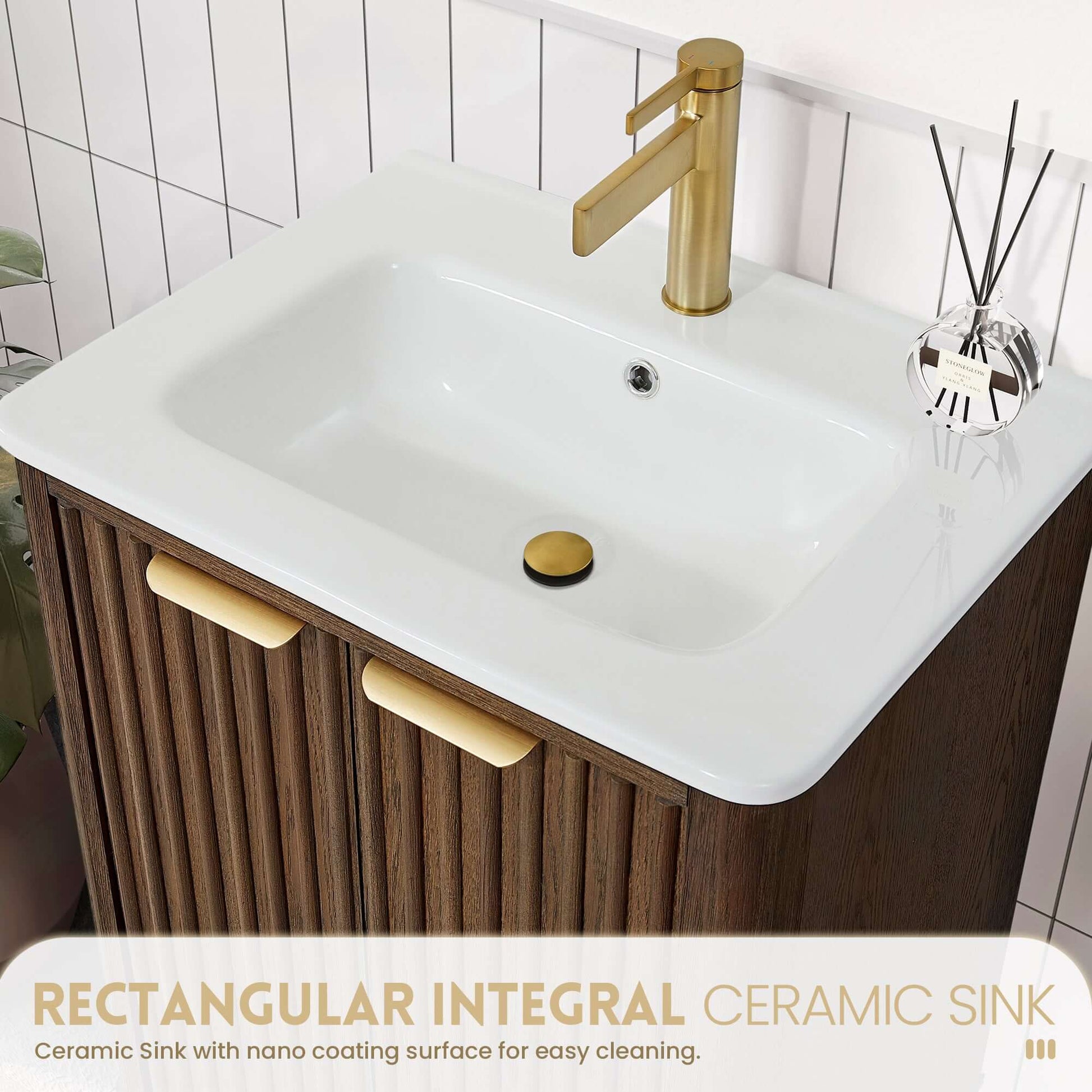 Vinnova, Mumbai 24" Free-standing Single Bath Vanity in Aged Dark Brown Oak with Drop-In White Ceramic Basin Top in bathroom
