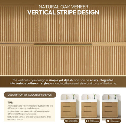 Natural oak veneer vertical stripe design showcasing bathroom vanity integration in various lighting environments.