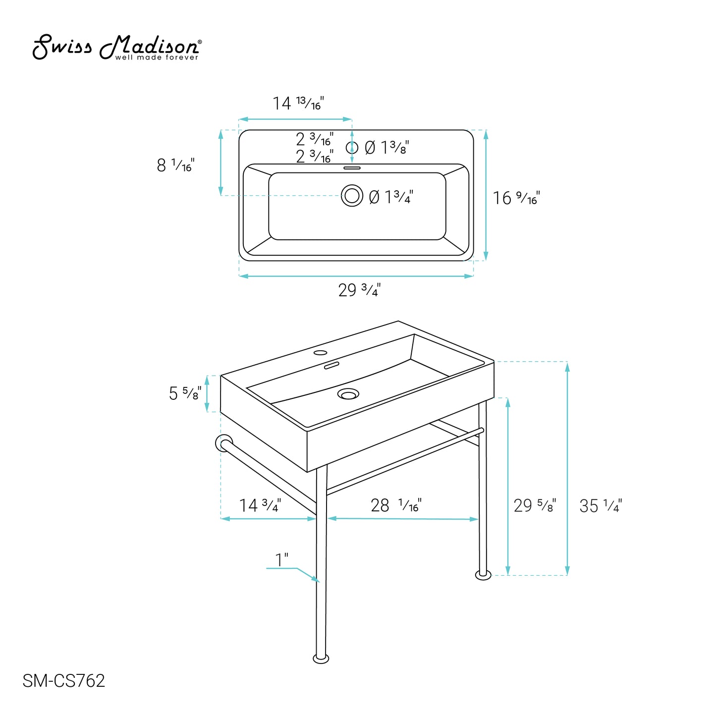 Swiss Madison, Claire 30 Ceramic Console Sink Matte Black Basin Chrome Legs