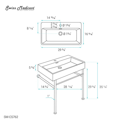 Swiss Madison, Claire 30 Ceramic Console Sink Matte Black Basin Chrome Legs