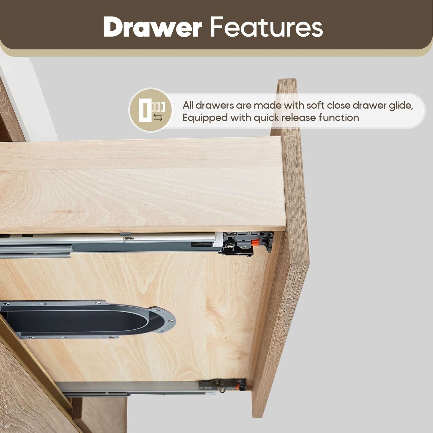 Vinnova, Palencia 84" Double Sink Wall-Mount Bath Vanity in North American Oak with White Composite Integral Sink Top drawer features