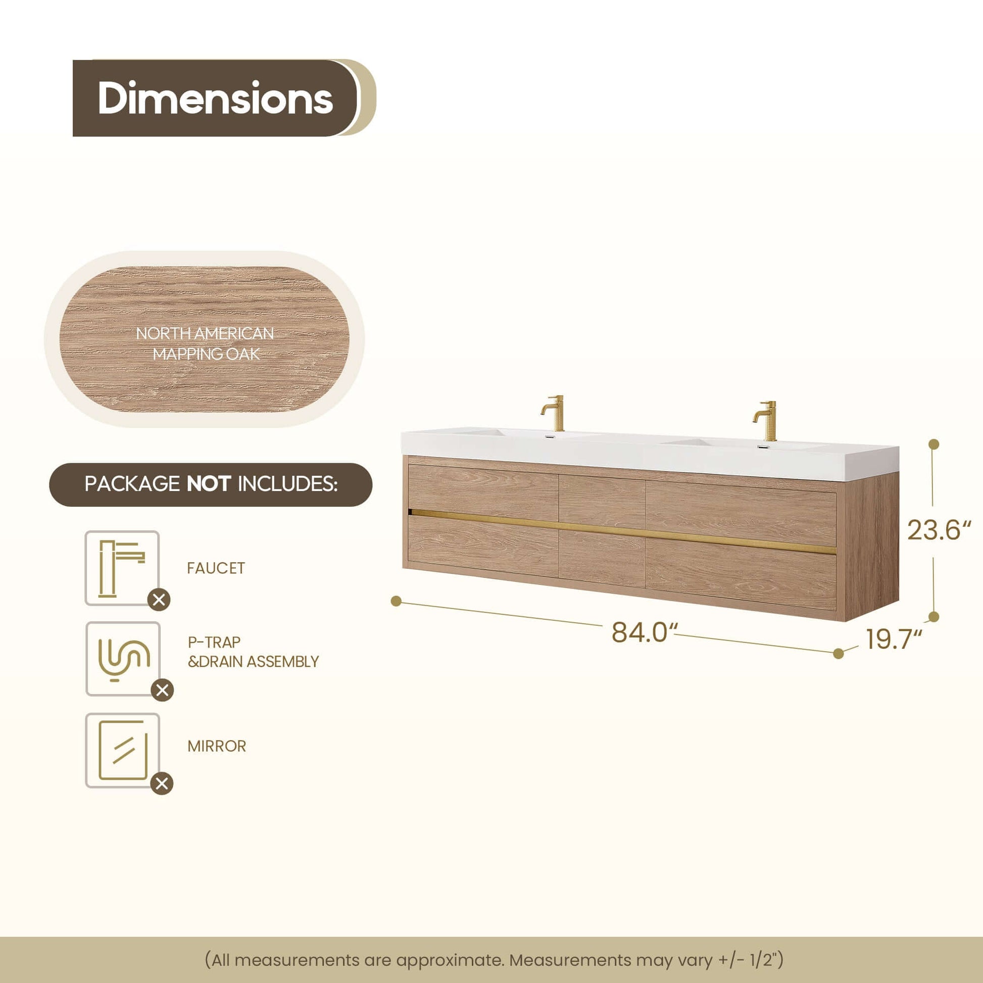Vinnova, Palencia 84" Double Sink Wall-Mount Bath Vanity in North American Oak with White Composite Integral Sink Top dimensions