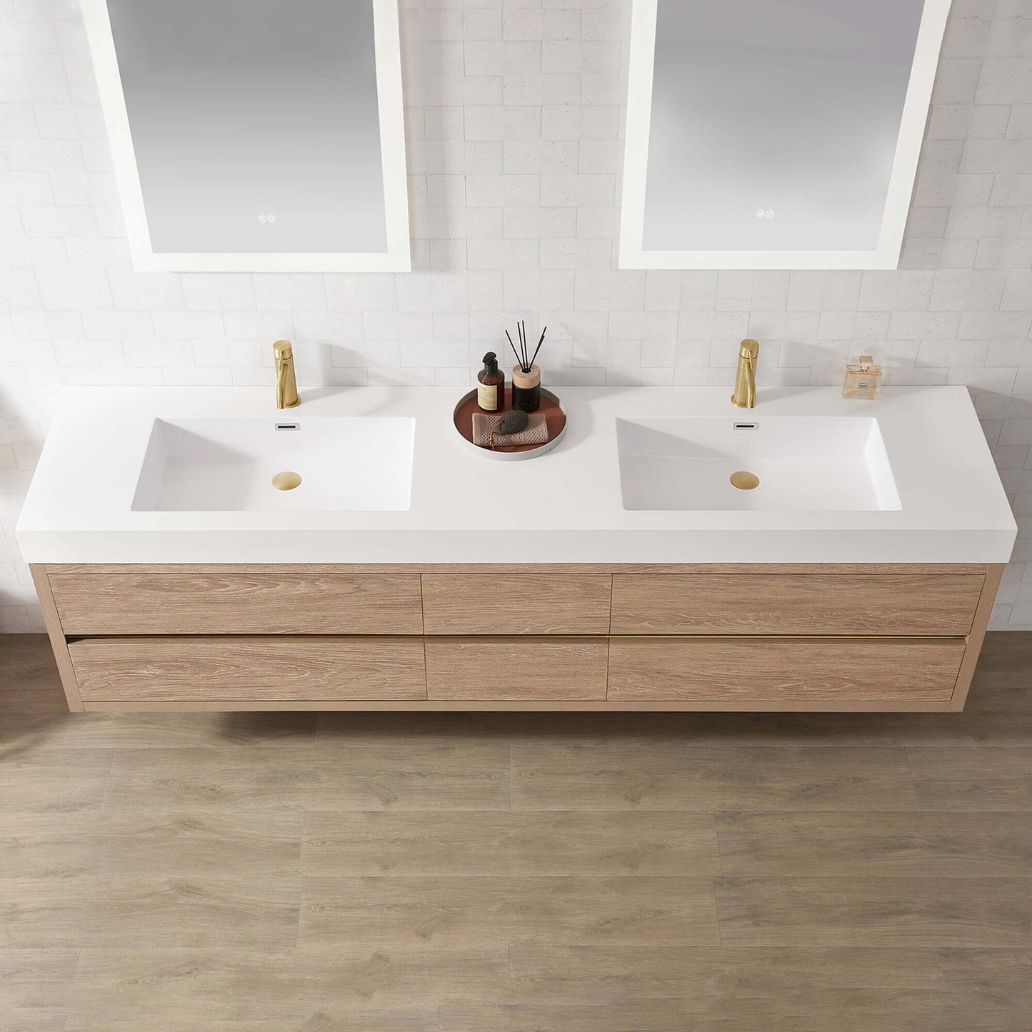 Vinnova, Palencia 84" Double Sink Wall-Mount Bath Vanity in North American Oak with White Composite Integral Sink Top
