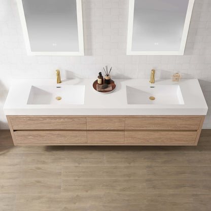 Vinnova, Palencia 84" Double Sink Wall-Mount Bath Vanity in North American Oak with White Composite Integral Sink Top