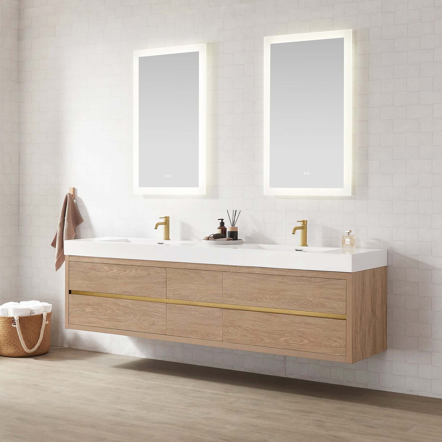 Vinnova, Palencia 84" Double Sink Wall-Mount Bath Vanity in North American Oak with White Composite Integral Sink Top displayed in modern bathroom