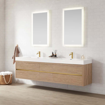Vinnova, Palencia 84" Double Sink Wall-Mount Bath Vanity in North American Oak with White Composite Integral Sink Top displayed in modern bathroom