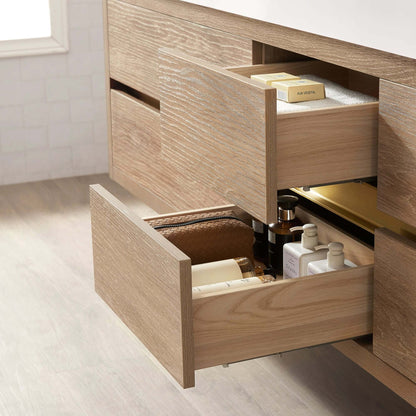 Open drawers of the Vinnova, Palencia 84" Double Sink Wall-Mount Bath Vanity in North American Oak, showcasing bathroom storage.