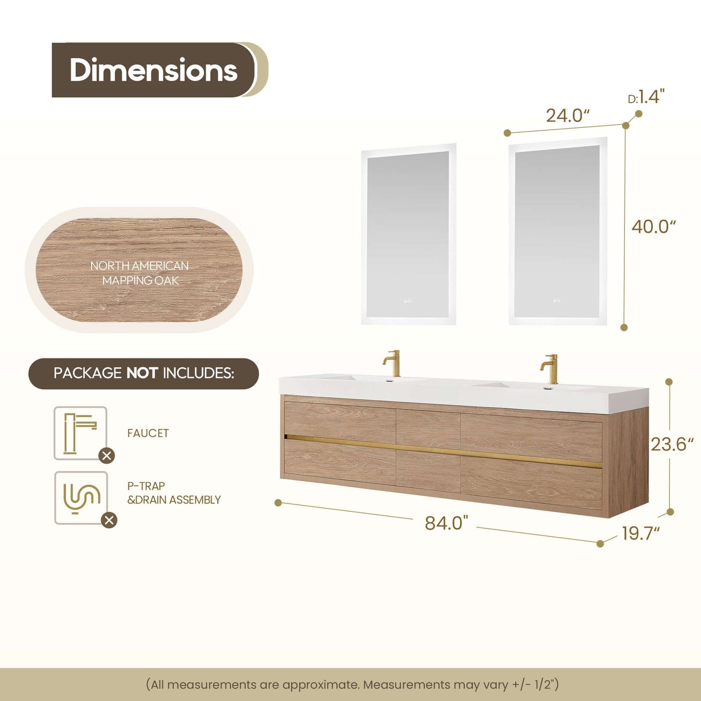 Vinnova, Palencia 84" Double Sink Wall-Mount Bath Vanity in North American Oak with White Composite Integral Sink Top and Mirror dimensions