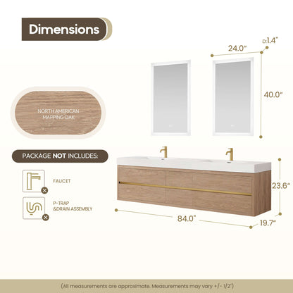 Vinnova, Palencia 84" Double Sink Wall-Mount Bath Vanity in North American Oak with White Composite Integral Sink Top and Mirror dimensions