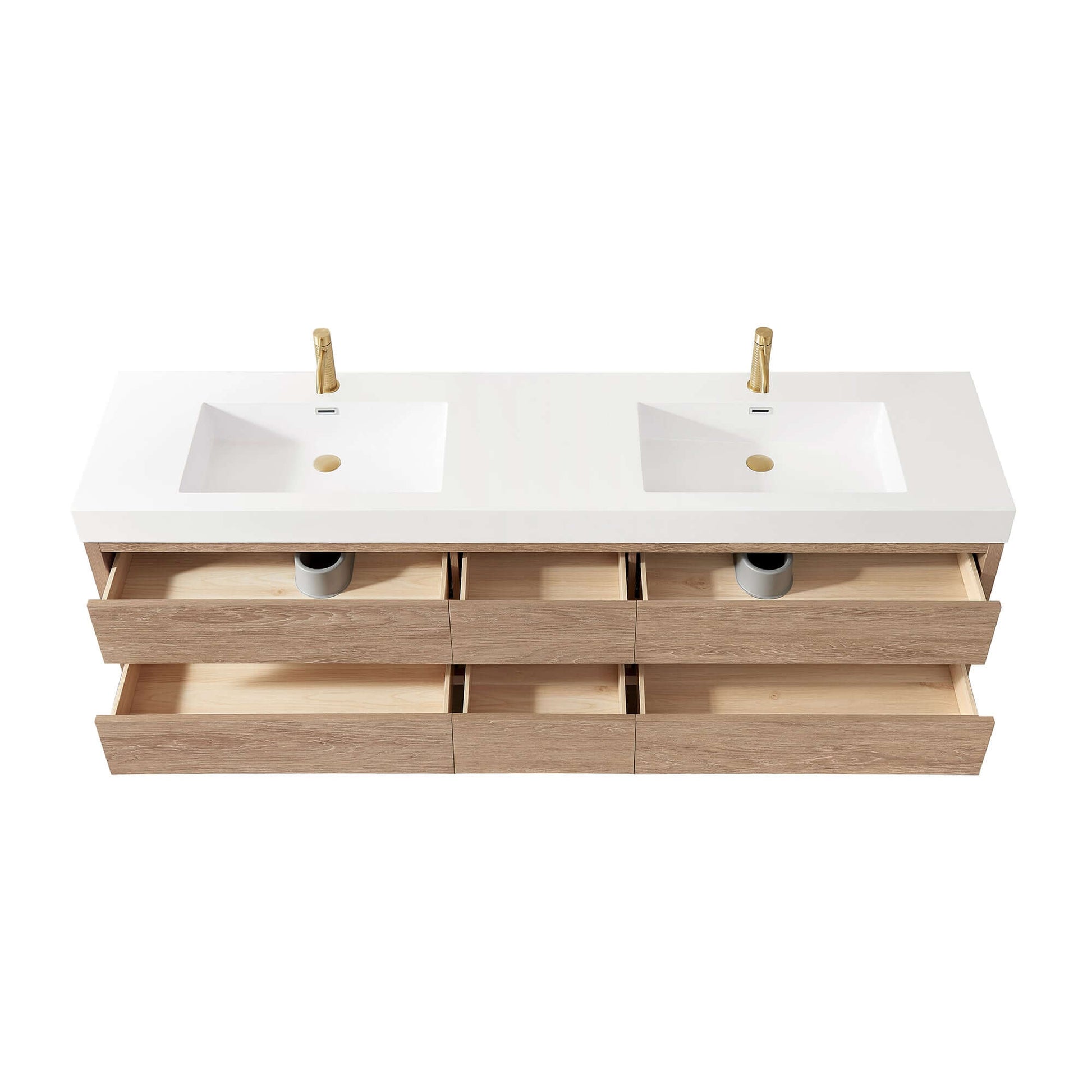 Vinnova, Palencia 84" Double Sink Wall-Mount Bath Vanity in North American Oak with White Composite Integral Sink Top and Mirror