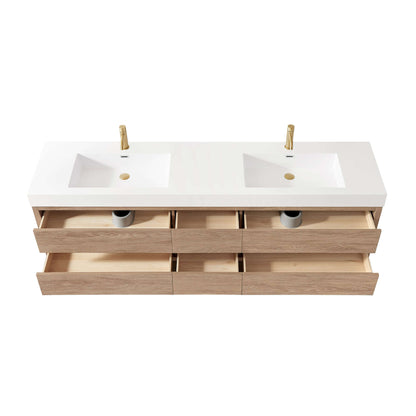Vinnova, Palencia 84" Double Sink Wall-Mount Bath Vanity in North American Oak with White Composite Integral Sink Top and Mirror