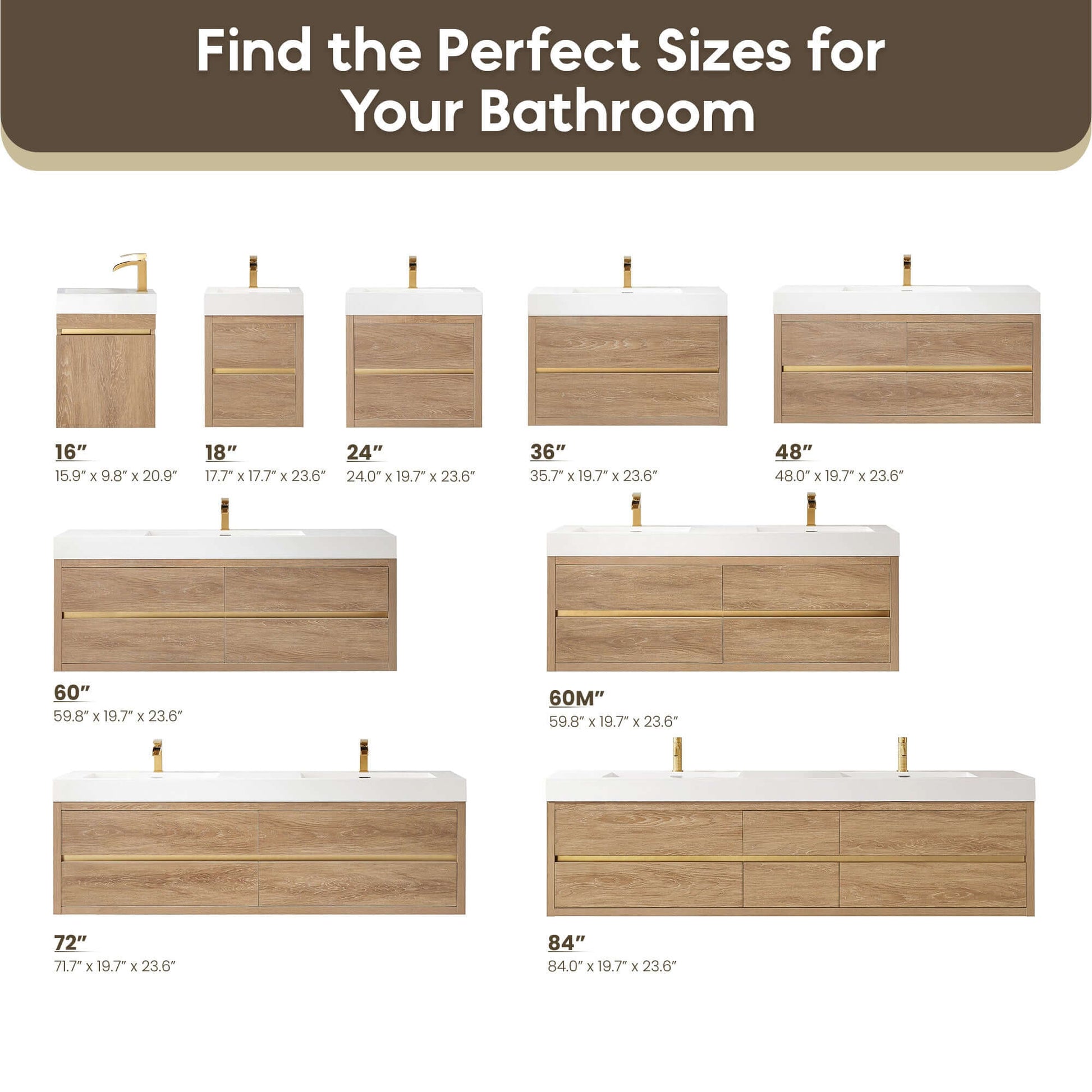 Different sizes of bathroom vanities, including the Vinnova, Palencia 84" Double Sink Wall-Mount Bath Vanity in North American Oak