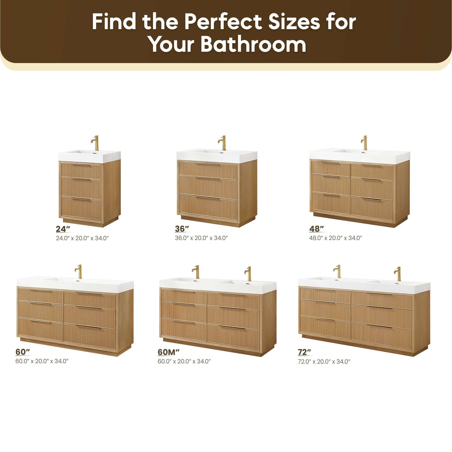 Various sizes of wood finish bathroom vanities with integrated white sink tops, showing options for bathroom remodeling.