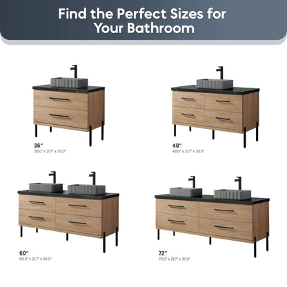 Vinnova, Trento 60A" Double Sink Bath Vanity in North American Oak with Black Sintered Stone Top with Concrete Sink size options