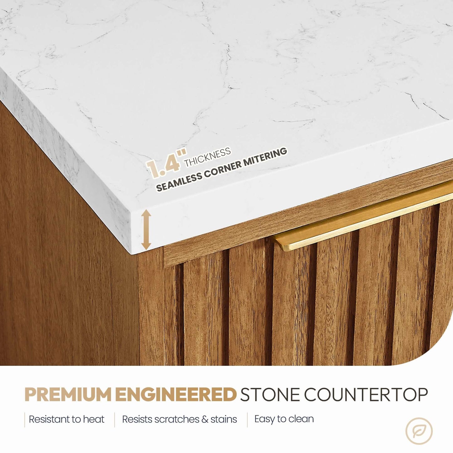 Close-up of Vinnova, Bangkok 60" Double Sink Bath Vanity in Mango Wood Light Brown with White Grain Composite Stone Top