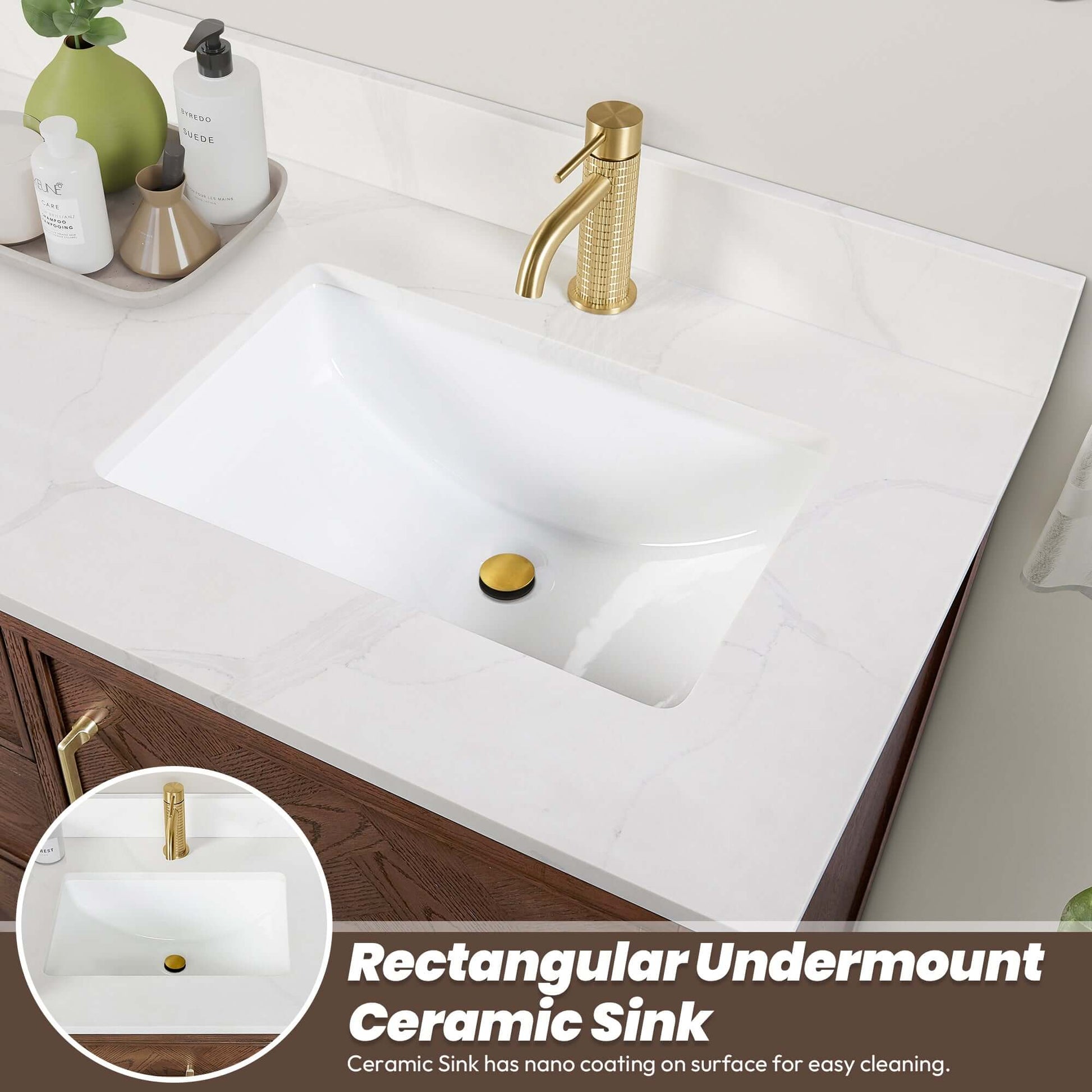 Rectangular undermount ceramic sink on Vinnova, Jakarta 60M" Freestanding Double Bath Vanity in Aged Dark Brown Oak with Silk White Quartz Stone Top