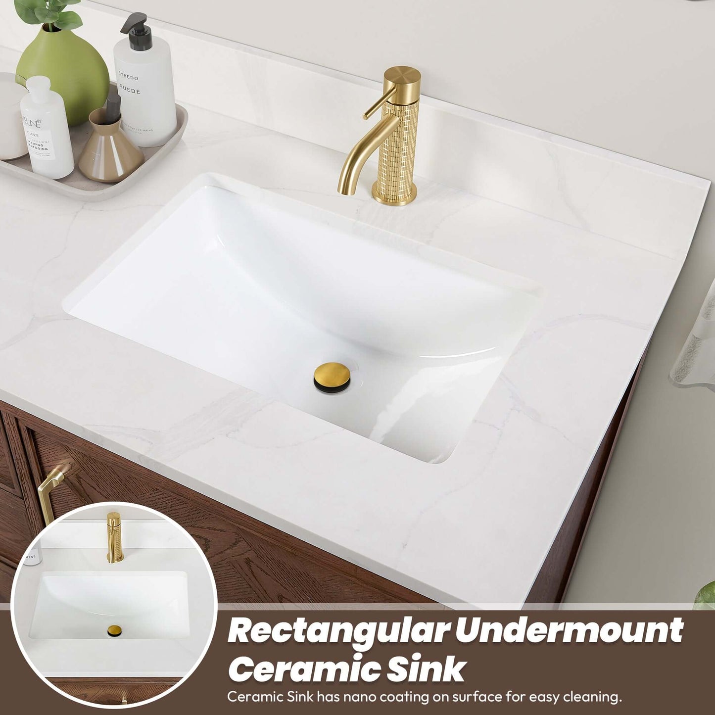 Vinnova, Jakarta 36" Freestanding Single Bath Vanity in Aged Dark Brown Oak with Silk White Quartz Stone Top, rectangular ceramic sink