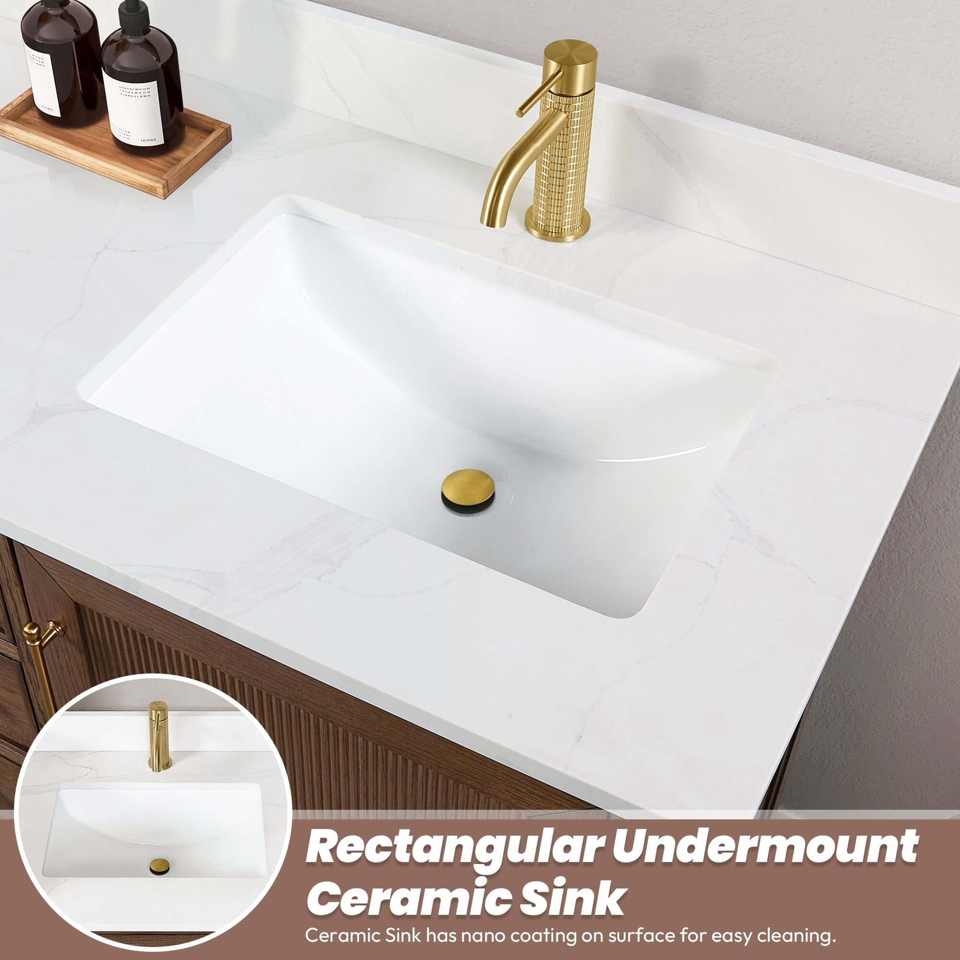 Vinnova, Tokyo 60" Freestanding Single Bath Vanity with rectangular undermount ceramic sink and silk white quartz stone top.
