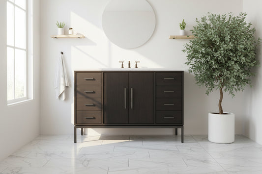 Extra-wide single-sink bathroom vanity in Rift White Oak finish